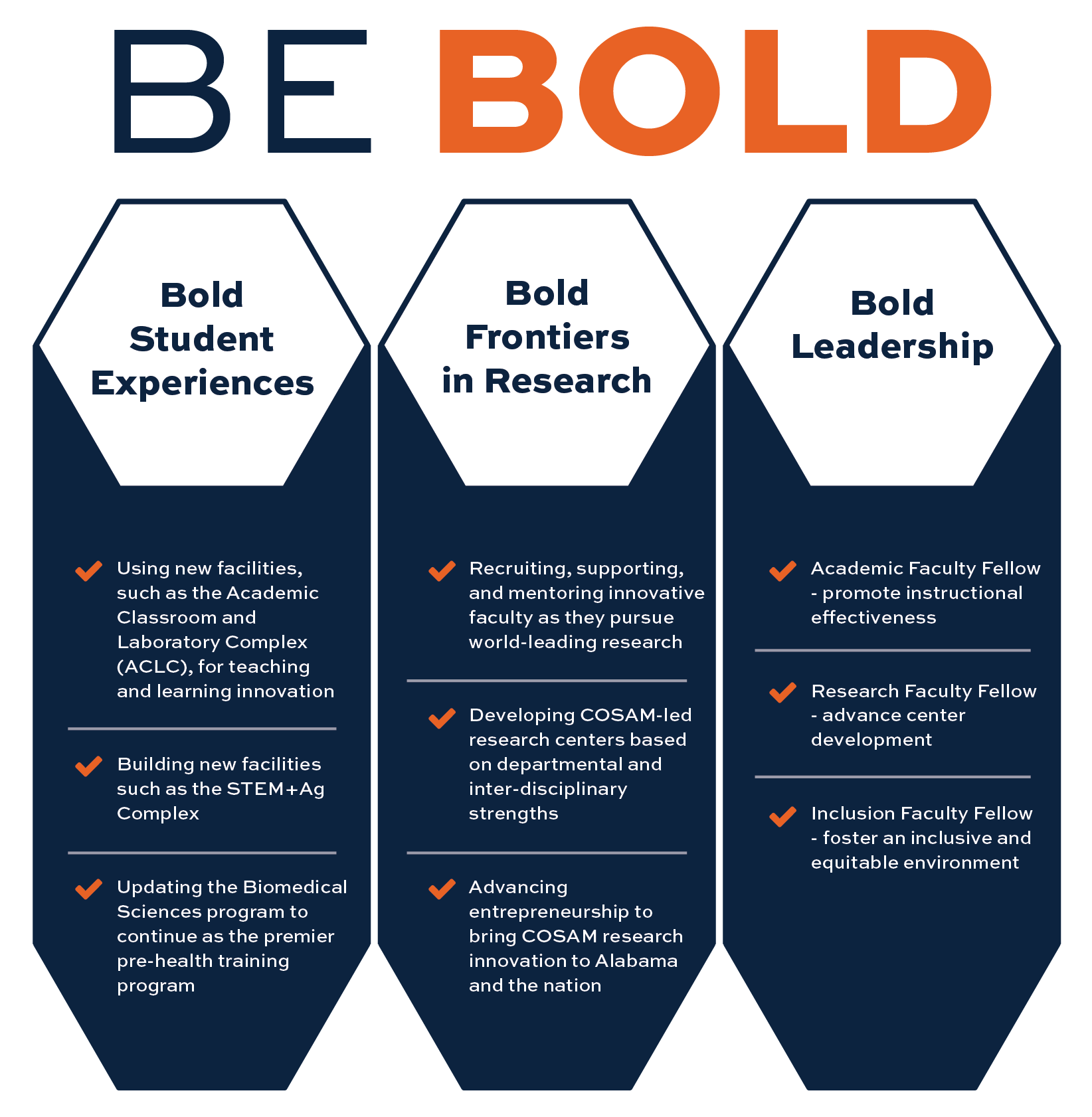 Bold Student Experiences: Using new facilities, such as the Academic Classroom and Laboratory Complex (ACLC), for teaching and learning innovation. Building new facilities such as the STEM+Ag Complex. Updating the Biomedical Sciences program to continue as the premier pre-health training program. Bold Frontiers in Research: Recruiting, supporting, and mentoring innovative faculty as they pursue world-leading research. Developing COSAM-led research centers based on departmental and inter-disciplinary strengths. Advancing entrepreneurship to bring COSAM research innovation to Alabama and the nation. Bold Leadership: Academic Faculty Fellow - promote instructional effectiveness.Research Faculty Fellow - advance center development. Inclusion Faculty Fellow - foster an inclusive and equitable environment