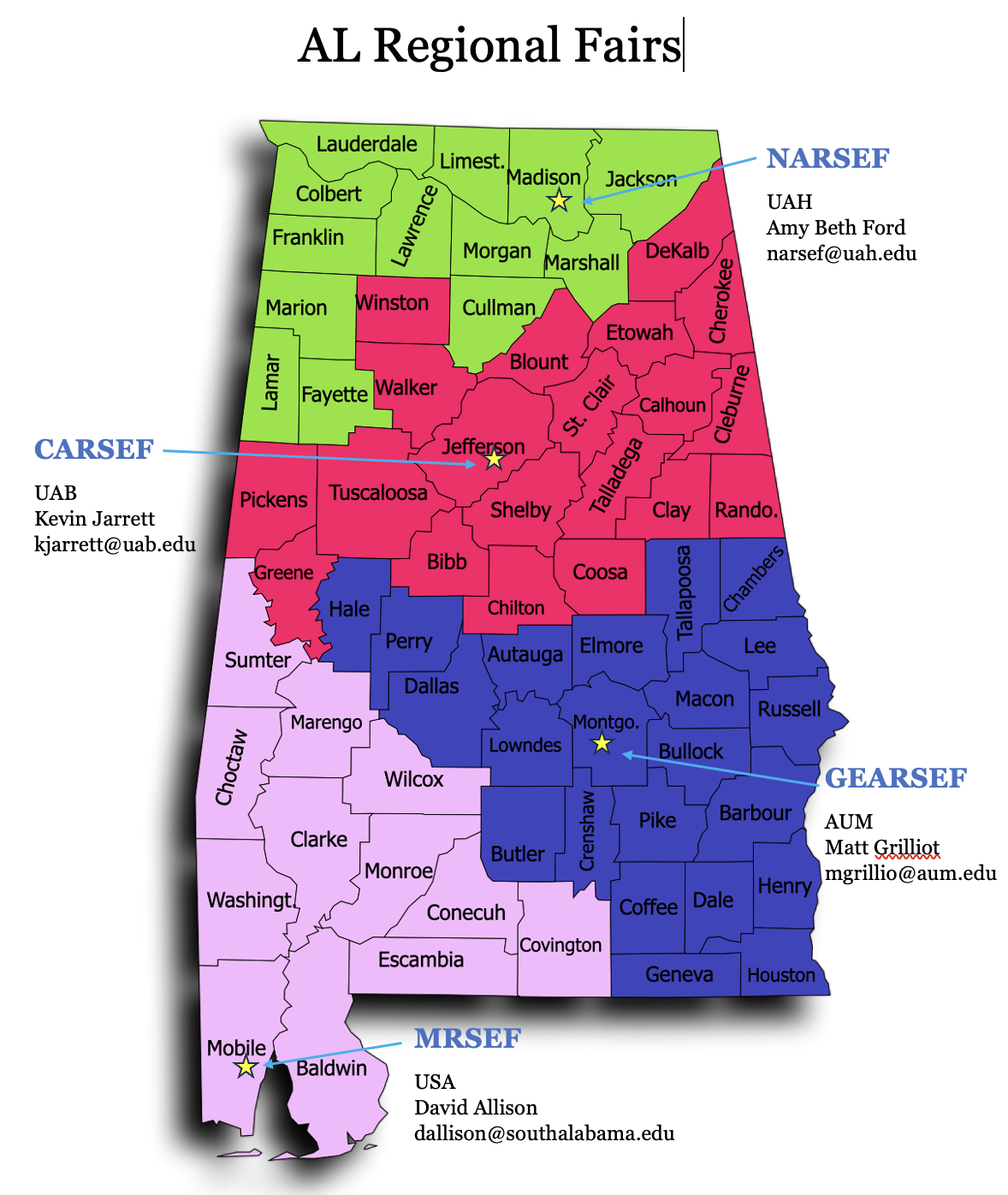 Map of Alabama showing the counties for each regional fair