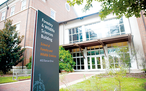 View of Forestry building with sign out front