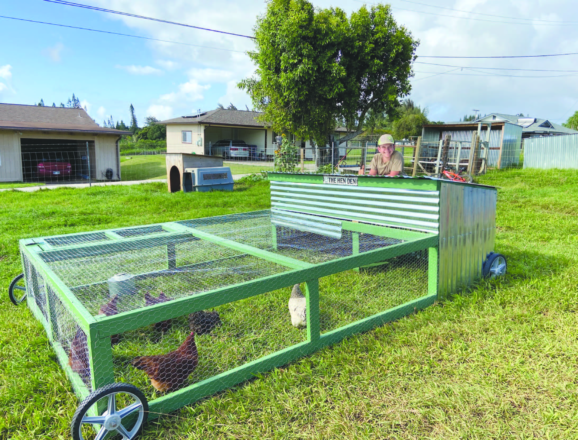 Little boy poses next to green chicken coop in neighborhood