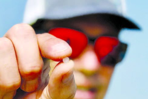 Closeup of mans hand holding small bead