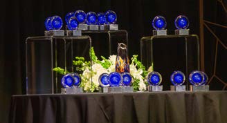 Multiple award tropies displayed on a table.