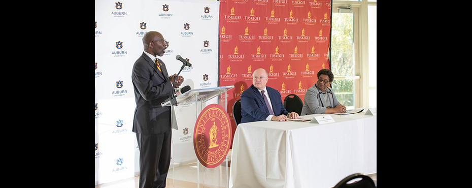 Tuskegee University Provost S. Keith Hargrove welcomed distinguished guests—including Auburn President Christopher B. Roberts and Tuskegee President Charlotte P. Morris—to a special ceremony celebrating a new Memorandum of Understanding between Auburn University and Tuskegee University to help address racial and health disparities in Alabama communities on Monday afternoon in Tuskegee, Alabama. Photo by Tanisha Stephens